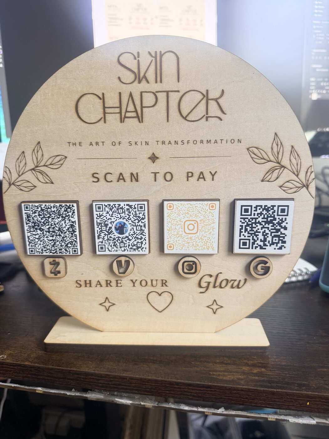 Personalized wooden QR payment display for Skin Chapter