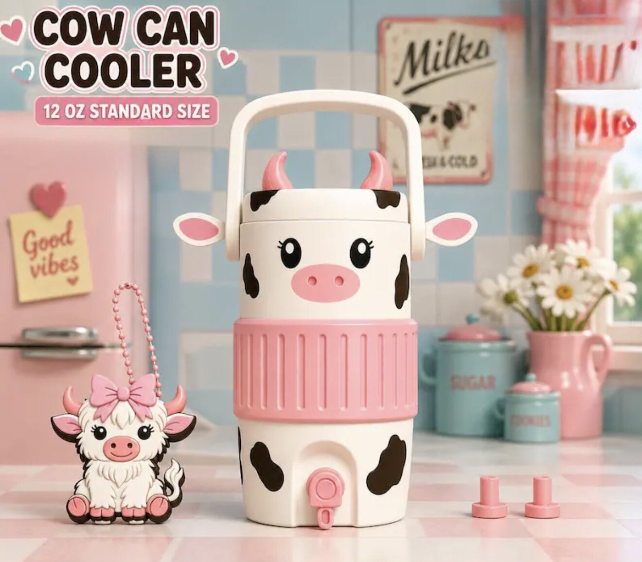 Pink and white cow-themed can cooler